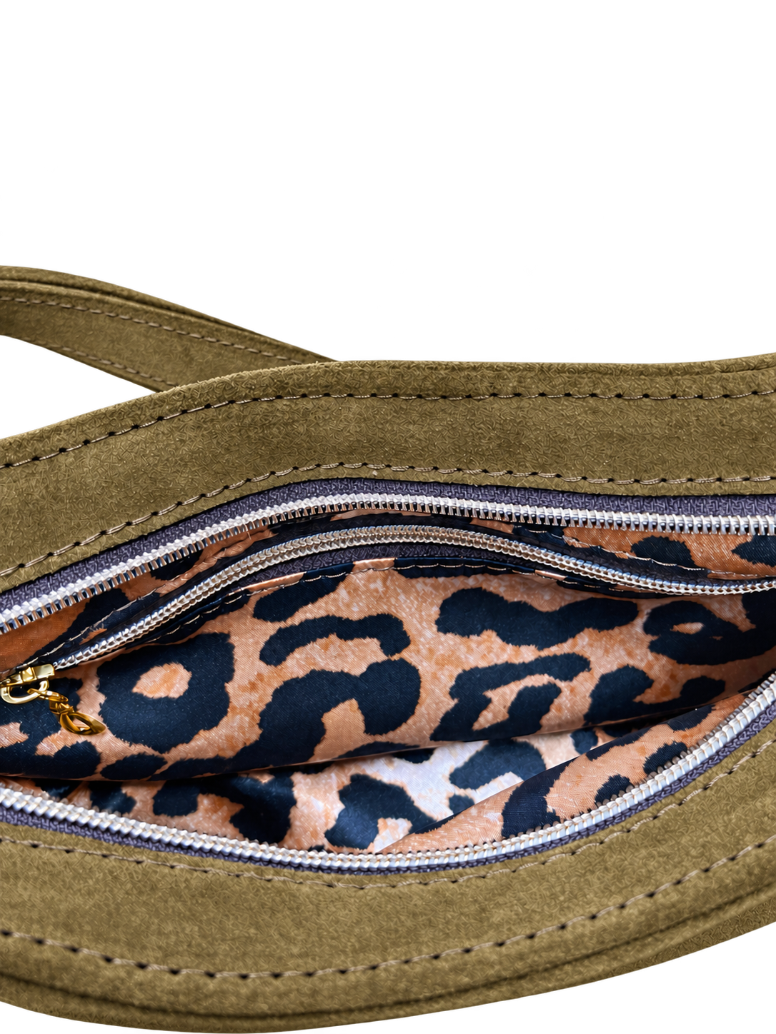 Olive suede scarf bag leopard interior