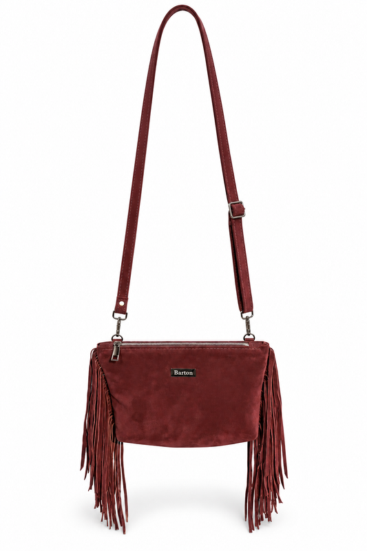Burgundy suede fringe crossbody with long adjustable strap