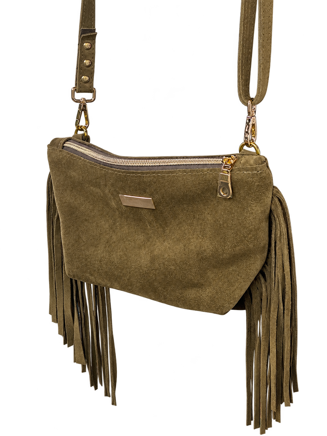 Olive suede fringe bag angled