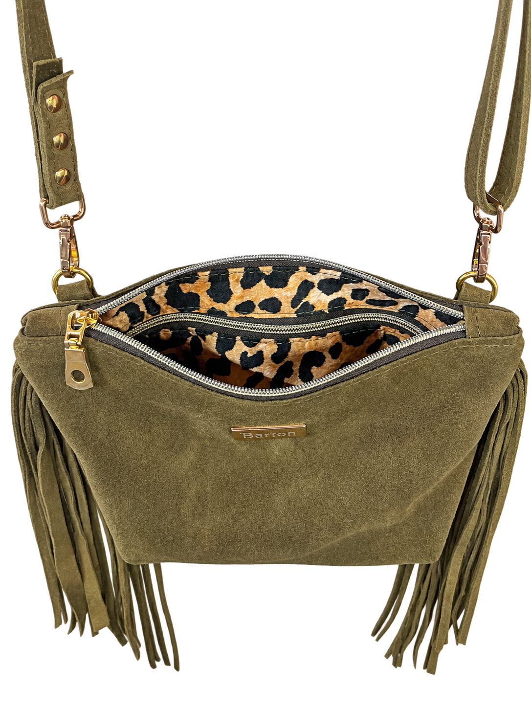 Olive suede fringe bag interior