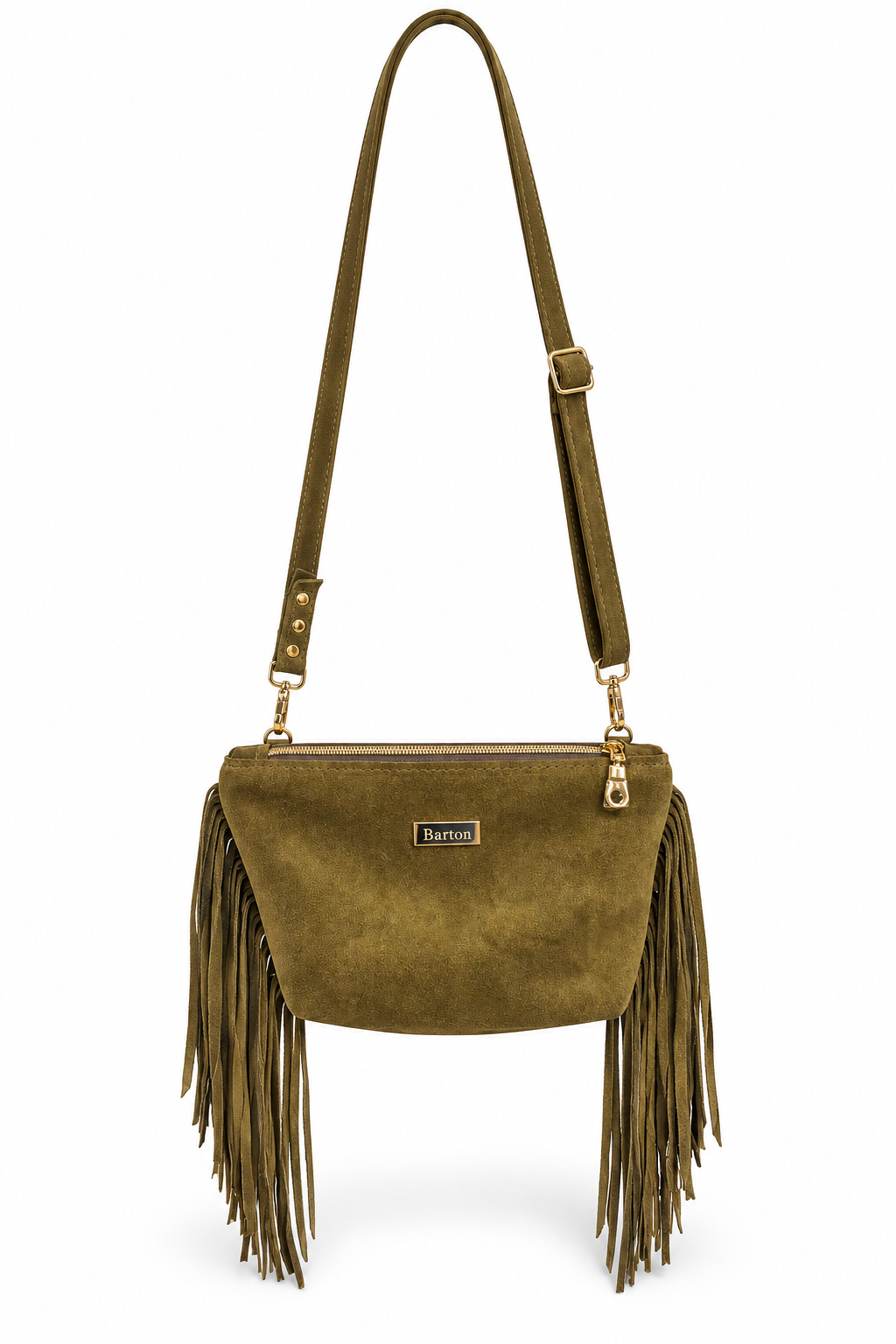 Olive suede fringe shoulder and crossbody bag with full adjustable strap on white