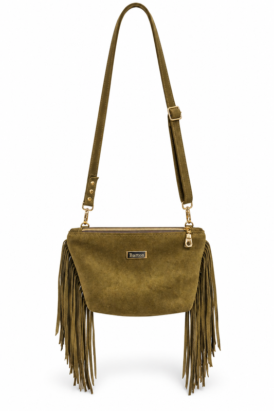 Olive suede fringe shoulder and crossbody bag with full adjustable strap on white