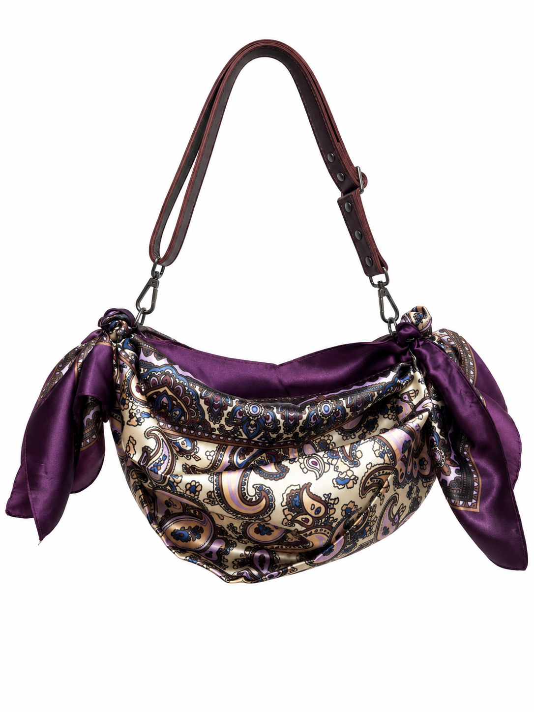 Purple Paisley 36 inch styling scarf shown wrapped around a Barton bag; bag sold separately