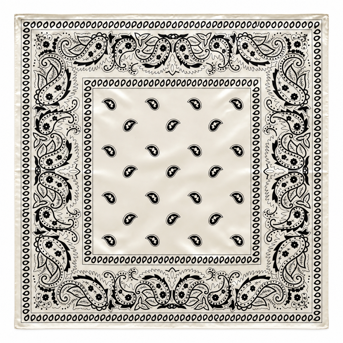 White Bandana 36 inch square scarf with black paisley print, full scarf view